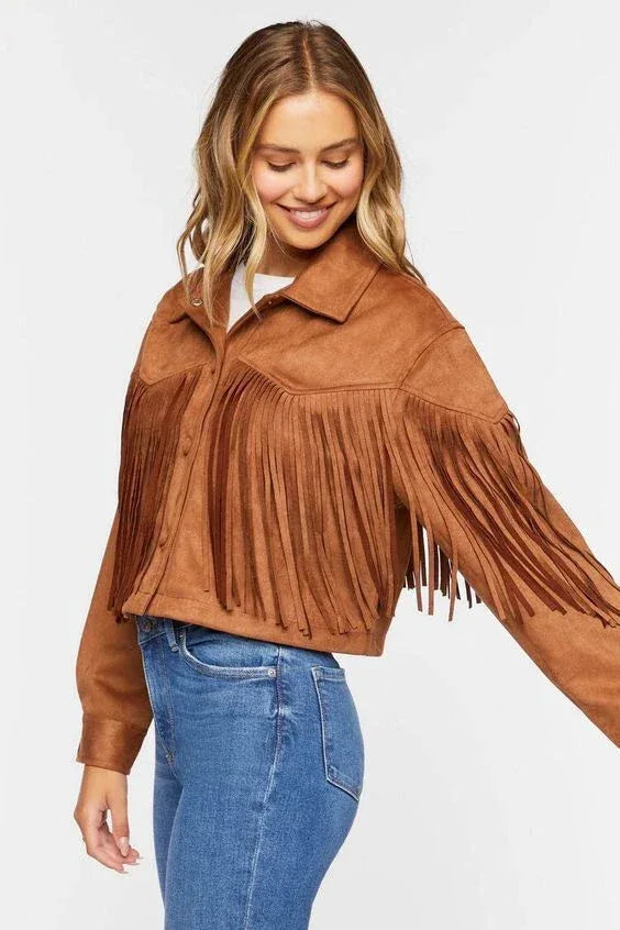 Tan Cognac Original Fringe Suede Jacket - Women's Premium Full-Grain Leather Western Jacket