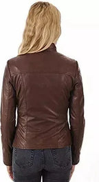 Brown Original Leather Moto Jacket - Women's Premium Full-Grain Leather Biker Jacket – bomber jacket, back view – Kamercio