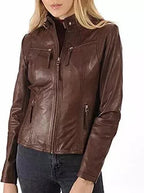Brown Original Leather Moto Jacket - Women's Premium Full-Grain Leather Biker Jacket – bomber jacket, side view – Kamercio
