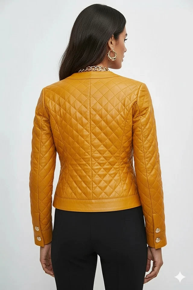 Women's Mustard Yellow Original Quilted Leather Jacket - Premium Collarless Moto Style
