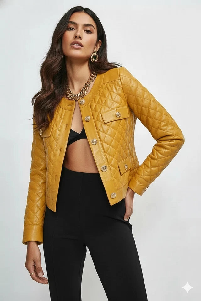 Women's Mustard Yellow Original Quilted Leather Jacket - Premium Collarless Moto Style