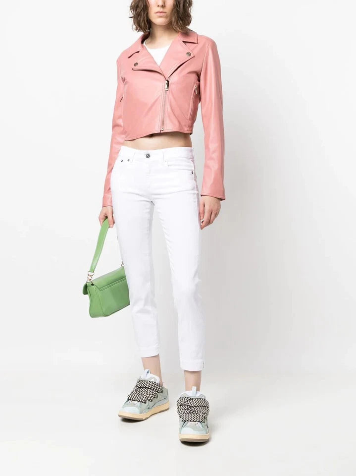 Women's Blush Pink Cropped Original Leather Jacket - Premium Moto Biker Style