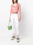 Women's Blush Pink Cropped Original Leather Jacket - Premium Moto Biker Style – bomber jacket, back view – Kamercio