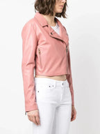 Women's Blush Pink Cropped Original Leather Jacket - Premium Moto Biker Style – bomber jacket, side view – Kamercio