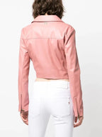 Women's Blush Pink Cropped Original Leather Jacket - Premium Moto Biker Style – bomber jacket, close-up detail – Kamercio