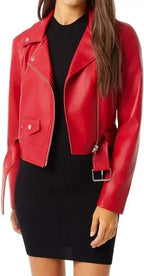 Women's Red Cropped Original Leather Biker Jacket - Premium Classic Moto Style – bomber jacket, back view – Kamercio