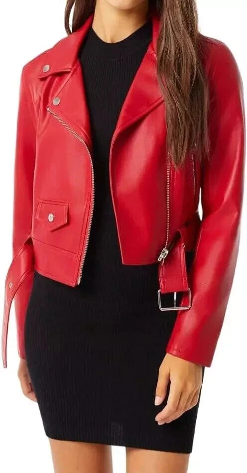 Women's Red Cropped Original Leather Biker Jacket - Premium Classic Moto Style