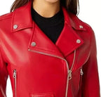 Women's Red Cropped Original Leather Biker Jacket - Premium Classic Moto Style – bomber jacket, close-up detail – Kamercio