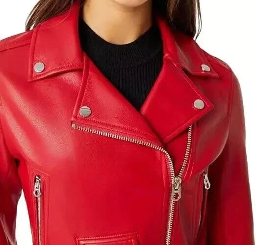 Women's Red Cropped Original Leather Biker Jacket - Premium Classic Moto Style