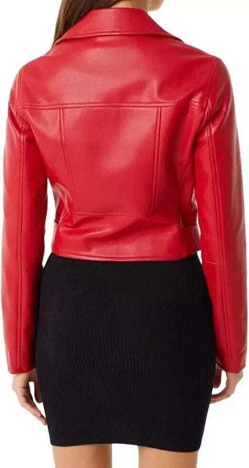 Women's Red Cropped Original Leather Biker Jacket - Premium Classic Moto Style