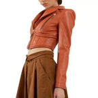 Women's Burnt Orange Cropped Original Leather Jacket - Premium Corset-Style Moto – bomber jacket, back view – Kamercio