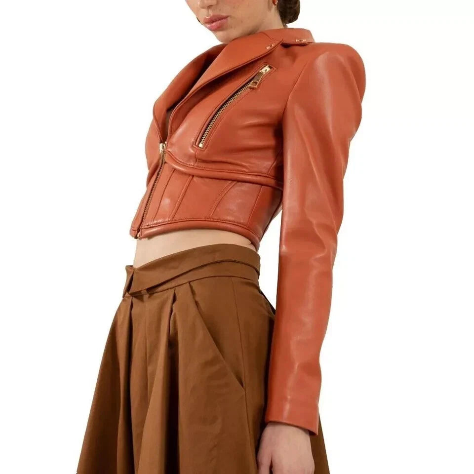 Women's Burnt Orange Cropped Original Leather Jacket - Premium Corset-Style Moto