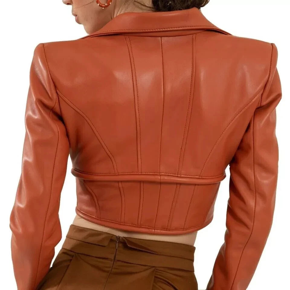 Women's Burnt Orange Cropped Original Leather Jacket - Premium Corset-Style Moto