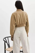 Women's Beige Original Leather Bomber Jacket - Premium Cropped Flight Style – back view – Kamercio