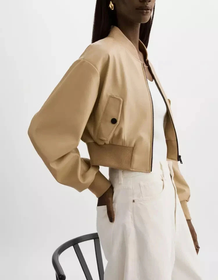 Women's Beige Original Leather Bomber Jacket - Premium Cropped Flight Style