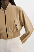 Women's Beige Original Leather Bomber Jacket - Premium Cropped Flight Style – close-up detail – Kamercio