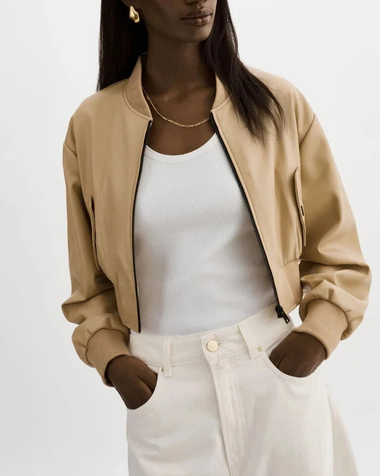 Women's Beige Original Leather Bomber Jacket - Premium Cropped Flight Style