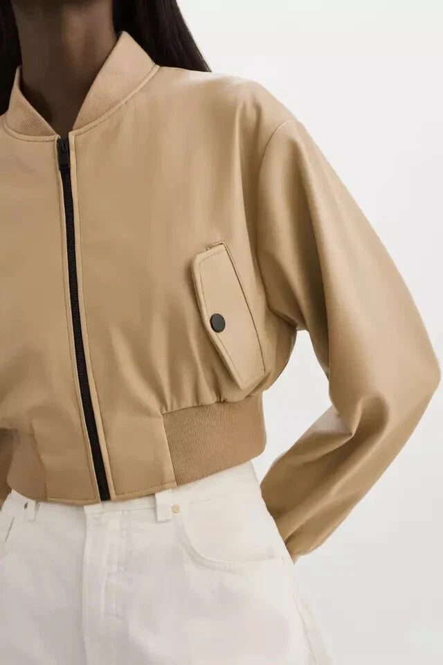 Women's Beige Original Leather Bomber Jacket - Premium Cropped Flight Style