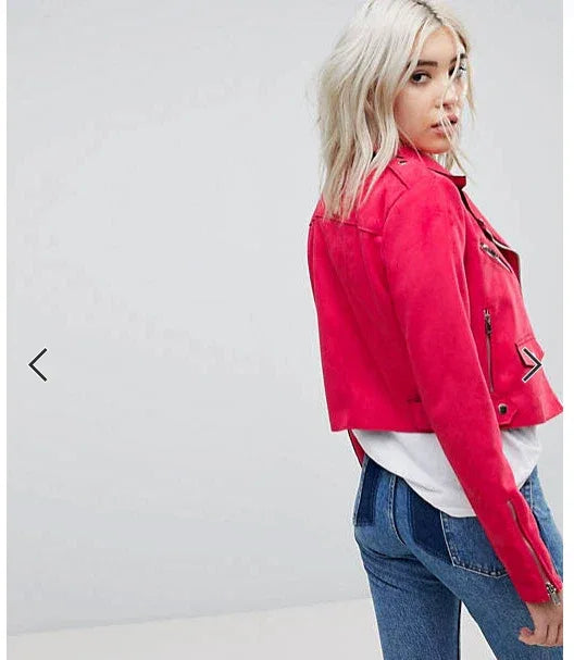 Women's Hot Pink Original Suede Leather Biker Jacket - Premium Fuchsia Moto Style