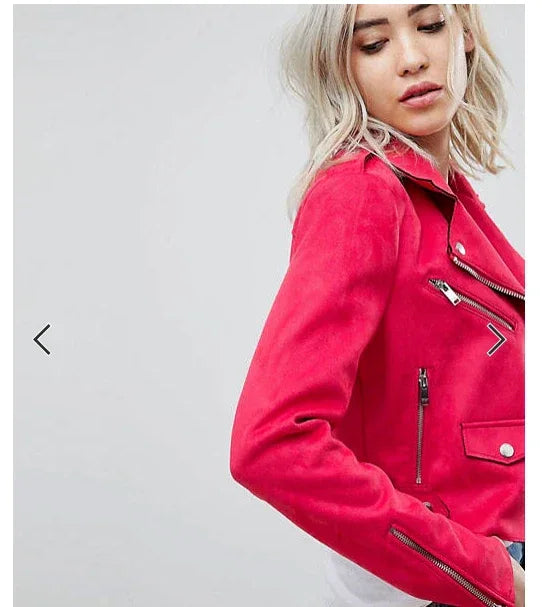 Women's Hot Pink Original Suede Leather Biker Jacket - Premium Fuchsia Moto Style