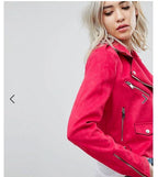 Women's Hot Pink Original Suede Leather Biker Jacket - Premium Fuchsia Moto Style