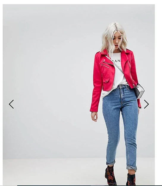 Women's Hot Pink Original Suede Leather Biker Jacket - Premium Fuchsia Moto Style