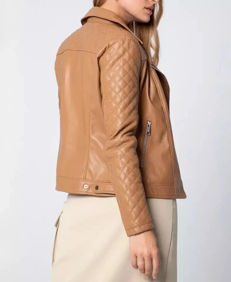 Women's Camel Quilted Original Leather Jacket - Premium Diamond-Stitched Moto Style