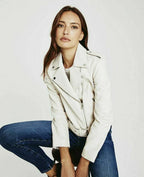 White Leather Moto Original Jacket - Women's Premium Full-Grain Leather Biker Jacket – bomber jacket, back view – Kamercio