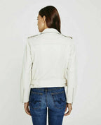 White Leather Moto Original Jacket - Women's Premium Full-Grain Leather Biker Jacket – bomber jacket, side view – Kamercio