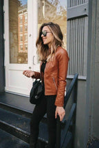 Tan Cognac Leather Racer Original Jacket - Women's Premium Full-Grain Leather Jacket – back view – Kamercio