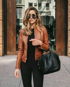 Tan Cognac Leather Racer Original Jacket - Women's Premium Full-Grain Leather Jacket – side view – Kamercio
