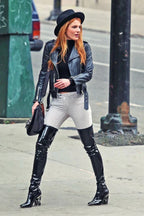 Black Original Leather Belted Moto Jacket - Women's Premium Full-Grain Leather Biker Jacket – back view – Kamercio