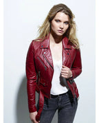 Burgundy Original Leather Belted Moto Jacket - Women's Premium Full-Grain Leather Biker Jacket – side view – Kamercio