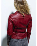 Burgundy Original Leather Belted Moto Jacket - Women's Premium Full-Grain Leather Biker Jacket – close-up detail – Kamercio