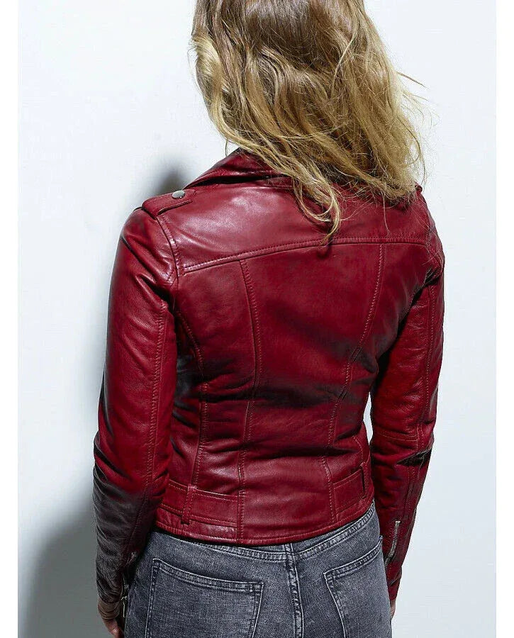 Burgundy Original Leather Belted Moto Jacket - Women's Premium Full-Grain Leather Biker Jacket