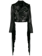 Black OriginalLeather Cropped Moto Jacket with Long Fringe Tails - Women's Premium Full-Grain Leather – back view – Kamercio