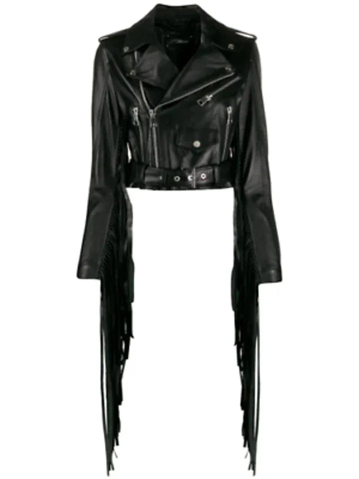 Black OriginalLeather Cropped Moto Jacket with Long Fringe Tails - Women's Premium Full-Grain Leather