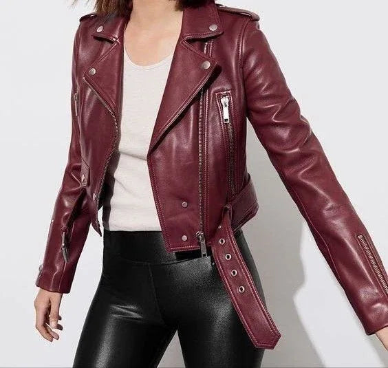 Oxblood Leather Original Cropped Belted Moto Jacket - Women's Premium Full-Grain Leather Biker Jacket