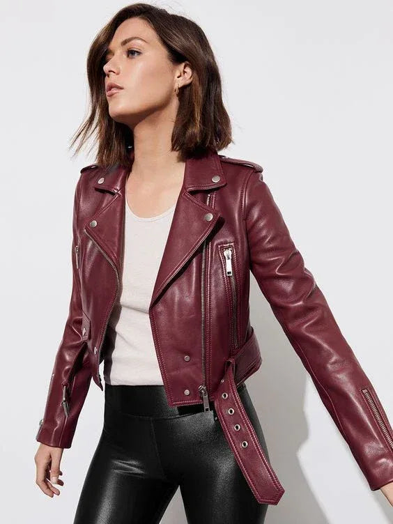 Oxblood Leather Original Cropped Belted Moto Jacket - Women's Premium Full-Grain Leather Biker Jacket