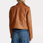 Caramel Tan Original Leather Moto Jacket with Epaulettes - Women's Premium Full-Grain Leather Biker – back view – Kamercio