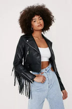 Black Original Leather Cropped Moto Jacket with Back Fringe - Women's Premium Full-Grain Leather – side view – Kamercio