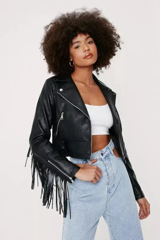 Black Original Leather Cropped Moto Jacket with Back Fringe - Women's Premium Full-Grain Leather