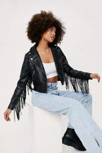 Black Original Leather Cropped Moto Jacket with Back Fringe - Women's Premium Full-Grain Leather – close-up detail – Kamercio
