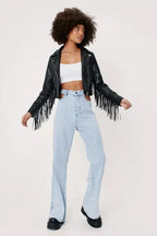 Black Original Leather Cropped Moto Jacket with Back Fringe - Women's Premium Full-Grain Leather – back view – Kamercio