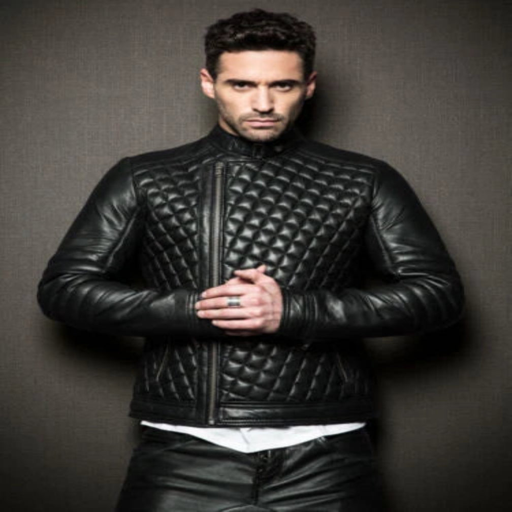 Men's Original Black Leather Diamond Quilted Moto Leather Jacket – Full-Grain Leather