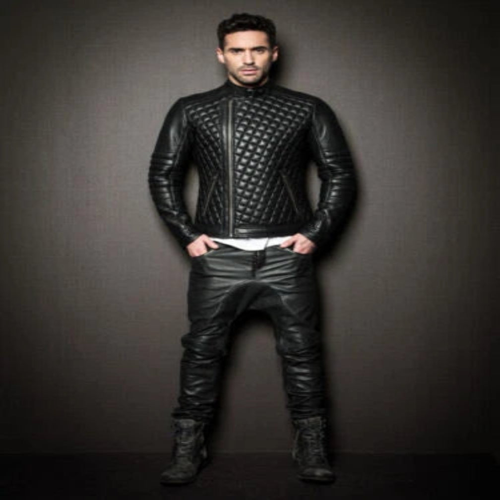Men's Original Black Leather Diamond Quilted Moto Leather Jacket – Full-Grain Leather