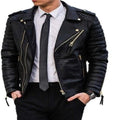 Men's Black Leather Biker Jacket – Gold Hardware & Quilted Sleeves Handcrafted Full-Grain