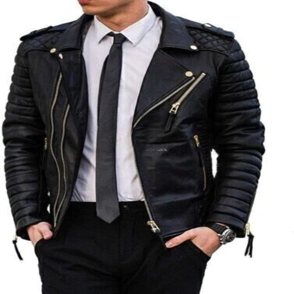 Men's Black Leather Biker Jacket – Gold Hardware & Quilted Sleeves Handcrafted Full-Grain
