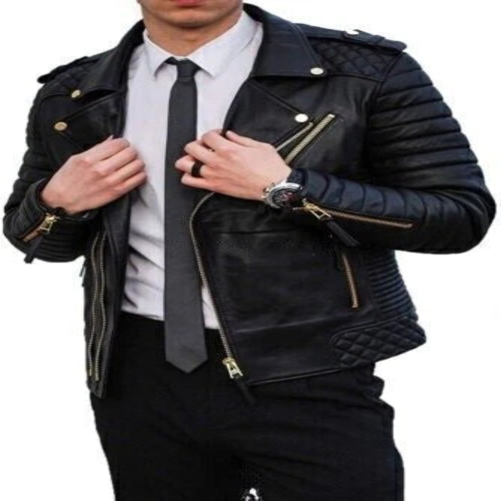 Men's Black Leather Biker Jacket – Gold Hardware & Quilted Sleeves Handcrafted Full-Grain
