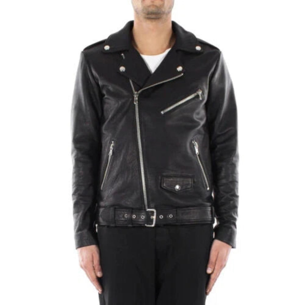 Men's Black Premium Leather Belted Biker Original Jacket – Handcrafted Full-Grain